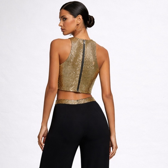 Gold Crop Halter Top & Black Wide-Leg Pants Set - Picture 11 of 13